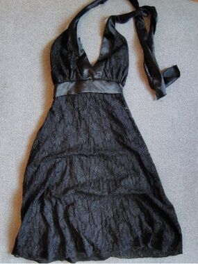 Vtg Y2K Wet Seal Lace Halter Dress Womens M Black Empire Waist Goth Vamp Witchy